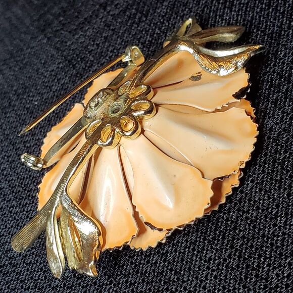 VTG Signed CORO Trembler Brooch AB Rhinestones Gold Tone Enamel Peach Poppy 3" - Picture 9 of 16